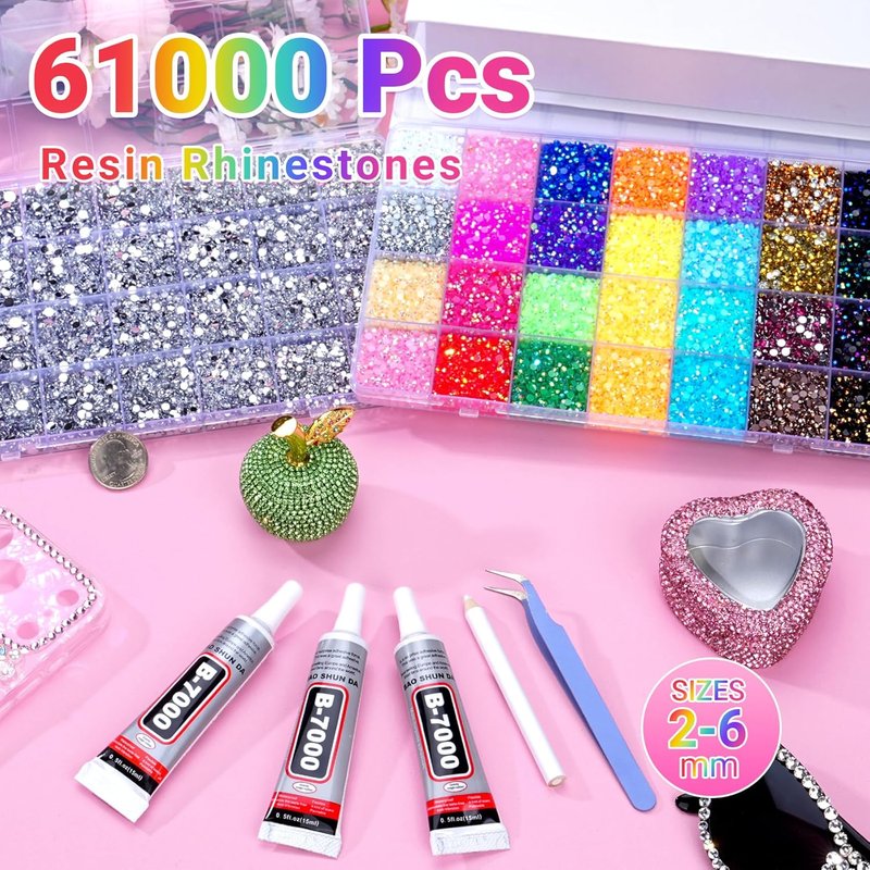 Jelly Rhinestones for Crafting - 61000 Pcs Multicolor & Silver Flatback Gems | 3mm & 2/3/4/5/6mm Sizes with 15ml B7000 Glue