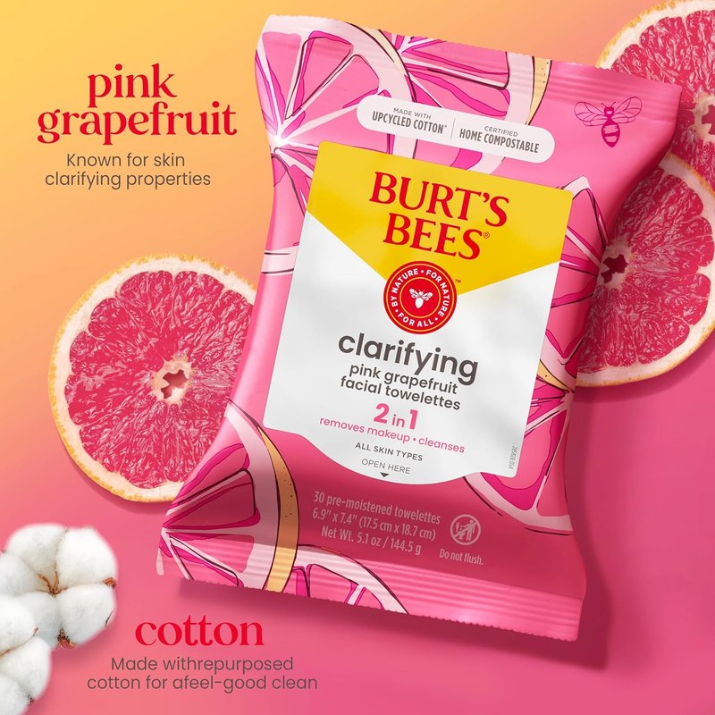 Burt's Bees Pink Grapefruit Face Wipes, for All Skin Types, Hydrating Makeup Remover & Facial Cleansing Towelettes, 90 Ct. (Pack of 2)