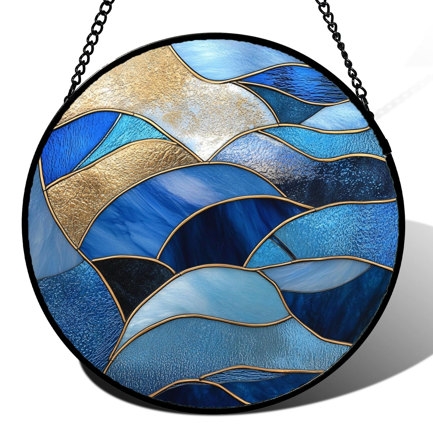 GEFOS Stained Glass Window Hanging Blue Golden Ocean Waves 7.8" - Suncatcher Door Garden Sunroom Sun Catcher Home Decor Housewarming Birthday for Mom Grandma Men Woman