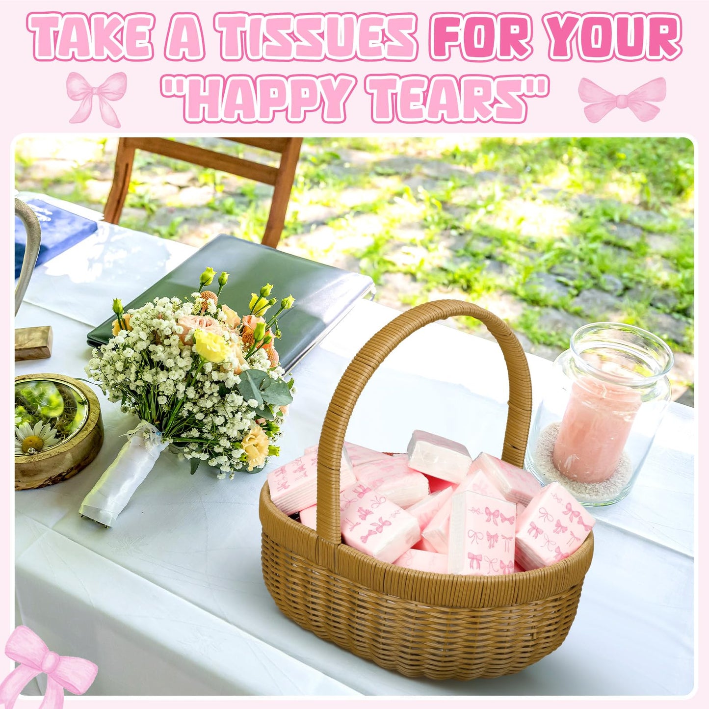 Therwen 20 Pack Pocket Tissues Travel Packs Bulk Weeding Party Favors Individual Small Tissue Packs Pocket Size Facial Hand Towels for Travel Outdoor Car Offices (Pink Bow)