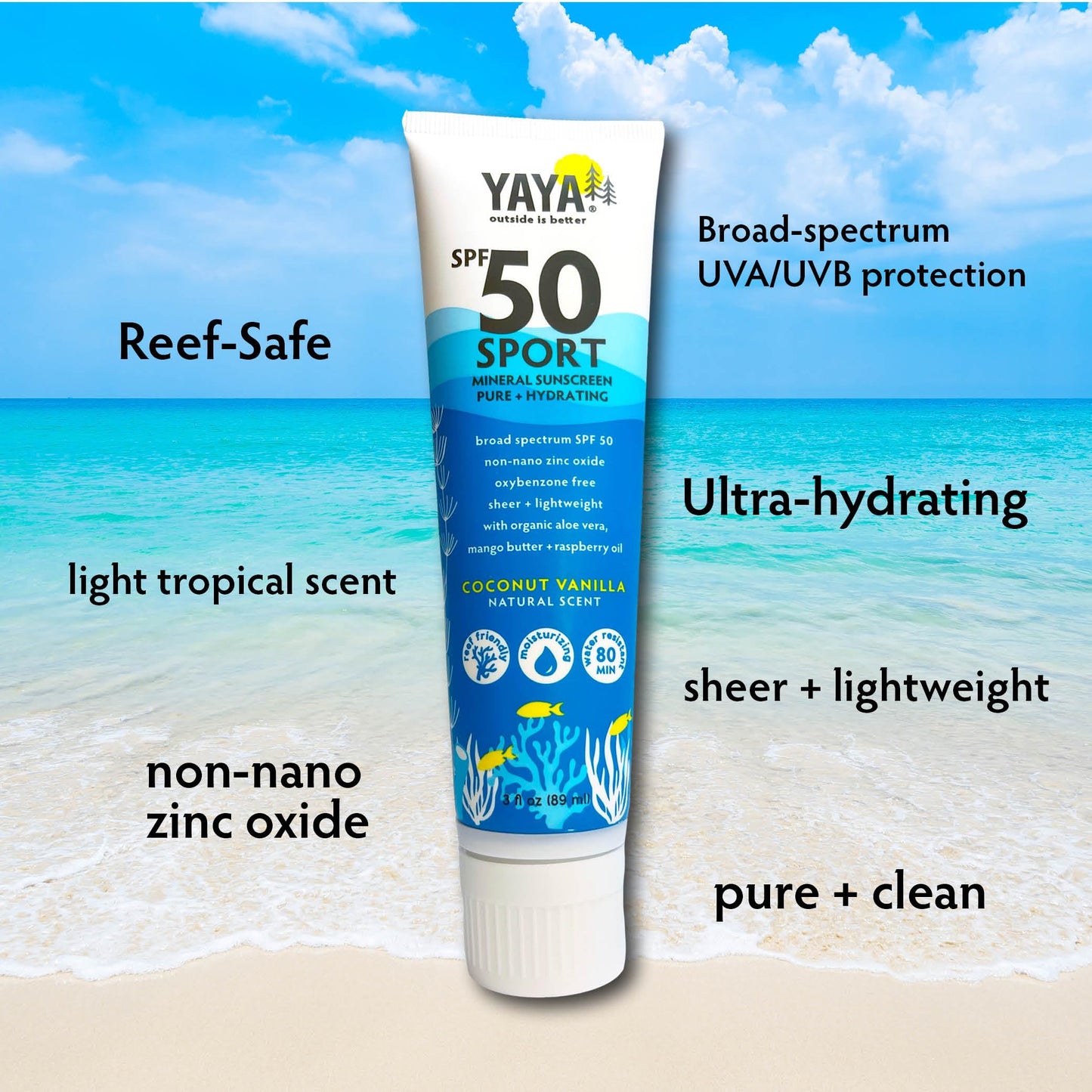 YAYA ORGANICS Sport Mineral Sunscreen Lotion, SPF 50, Reef-Friendly, Non-Nano Zinc Oxide, Water-Resistant, Pure + Hydrating, 3 oz