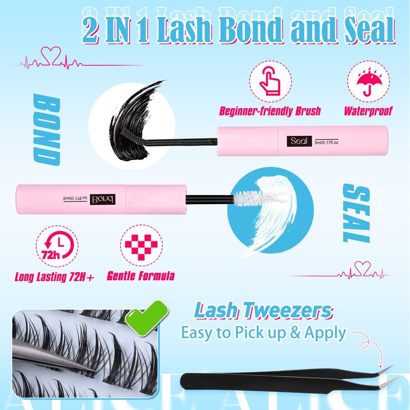 ALICE Natural Lash Clusters Kit Cluster Eyelash Extension Kit Left & Right Fluffy Wispy DIY Lash Extension Kit 144pcs 3D Anime C-Curly Eyelash Clusters Kit with Lash Glue Bond and Seal and Tweezers