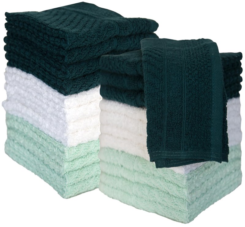 Pleasant Home Chevron Wash Cloths Set - 12 Pack (12” x 12”) – 509 GSM - 100% Ring Spun Cotton Wash Cloth - Super Soft and Highly Absorbent Face Towels (Green, White & Mint)