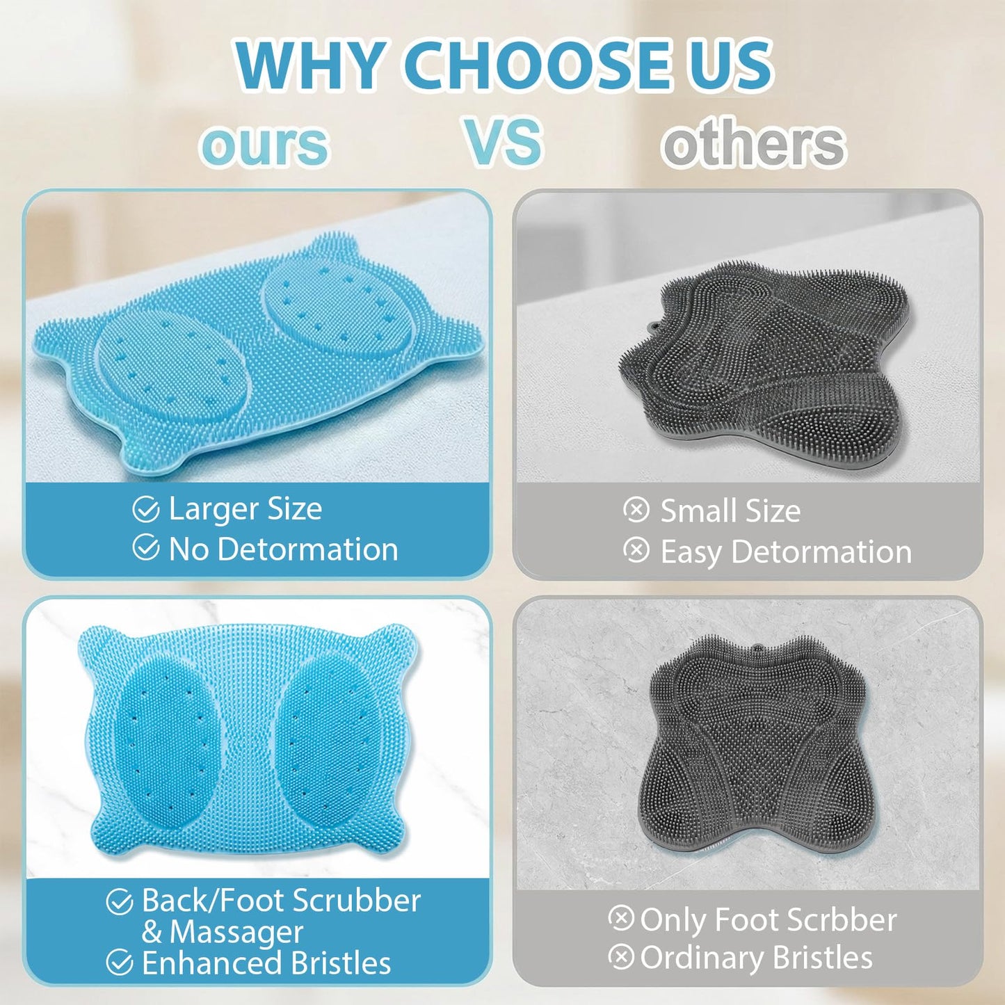 Quuztao Large Shower Foot Scrubber Mat, Non Slip Suction Cups Silicone Massage Bath Mat, Deep Cleaning & Exfoliation Feet Washer Brush Pad