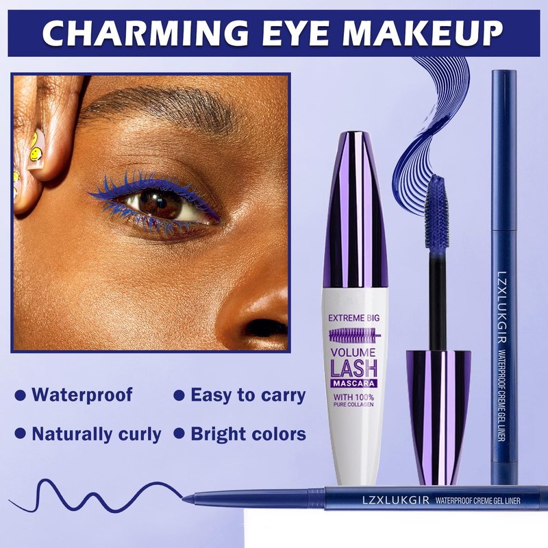 LZXLUKGIR Blue Mascara and Eyeliner Set,Natural Curling Blue Mascara for Eyelashes,Volumizing Lengthening máscara de pestañas Waterproof,5D Colored Eye Makeup