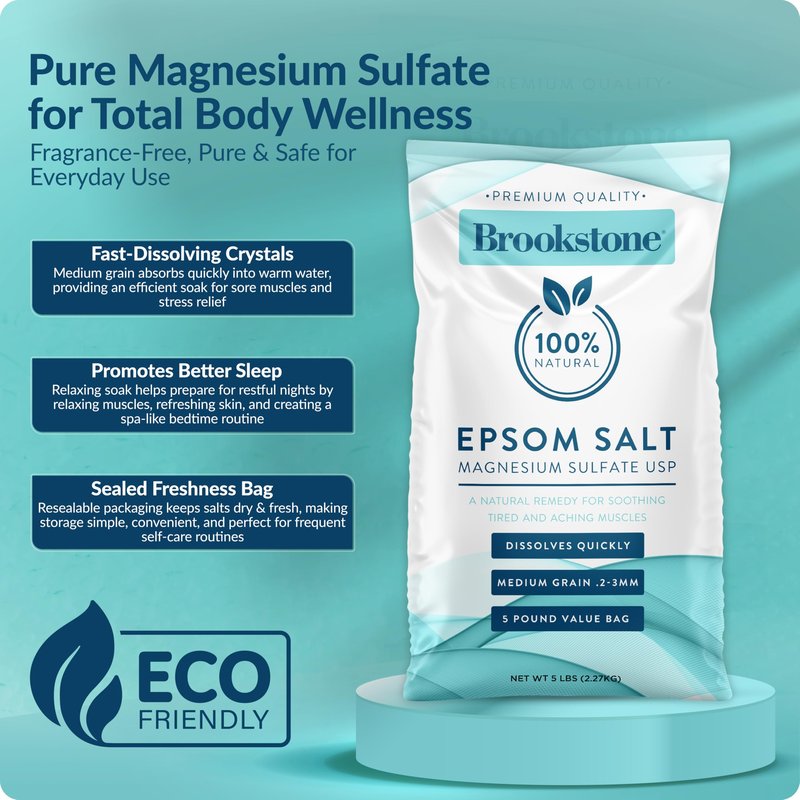 Brookstone 5 lb Epsom Salt Bulk Bag - Premium Magnesium Sulfate USP, Medium Grain Unscented Bath Soak Salt - Pure Epsom Salt for Bath, Foot Soak, Muscle Relief, Stress Relief & Skin Care
