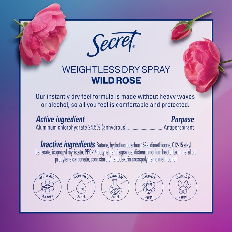 Secret Dry Spray Antiperspirant Deodorant for Women, 48hr Weightless Sweat & Odor Protection, Gentle on Skin, Wild Rose & Argan Oil Scent, 4.1 oz