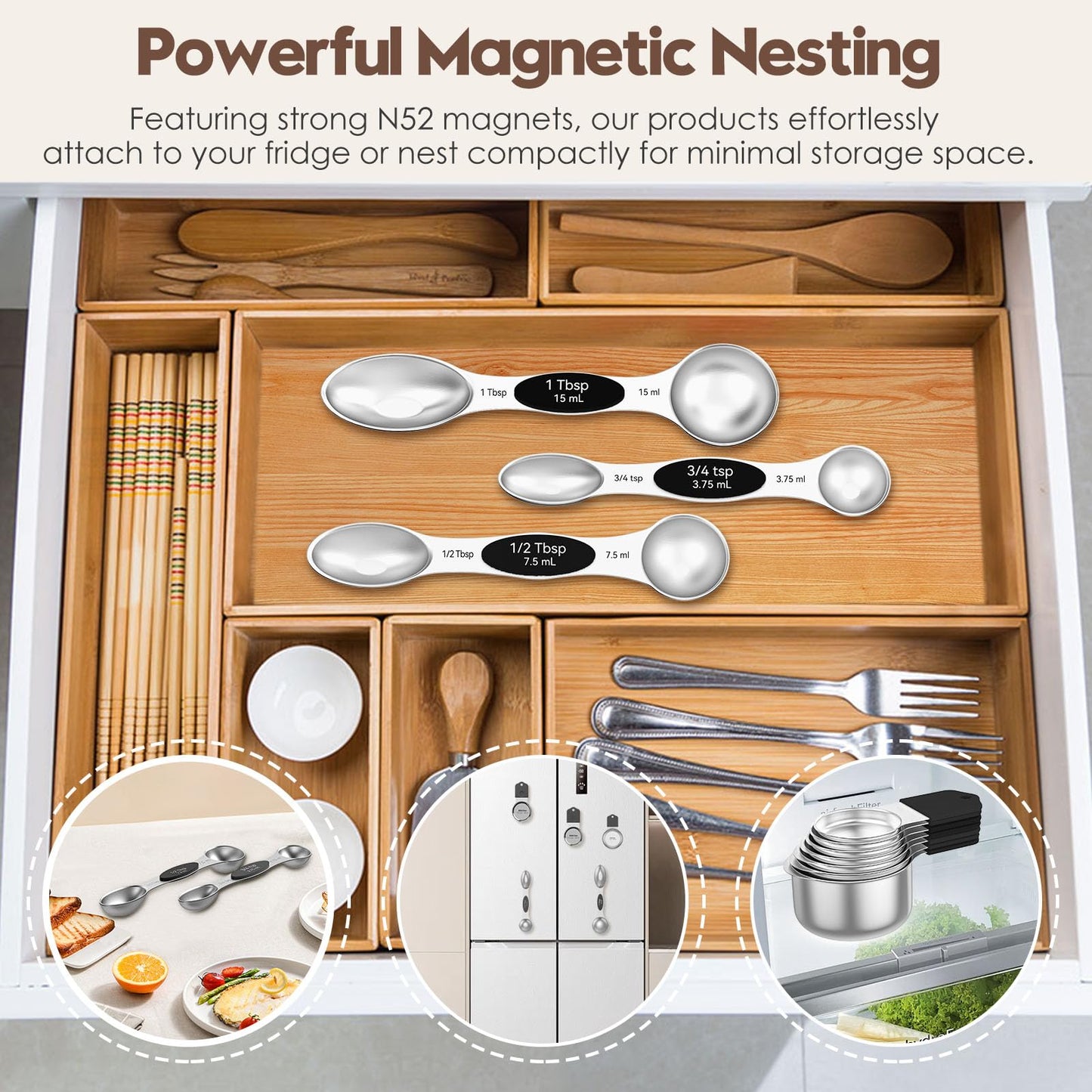 Abtrino Magnetic Measuring Cups and Spoons Set – 304 Stainless Steel | Dual-sided Design | 15-Piece with Leveler | N52 Space-Saving Magnetic Nesting | Baking & Meal Prep | Kitchen Gift (Black)