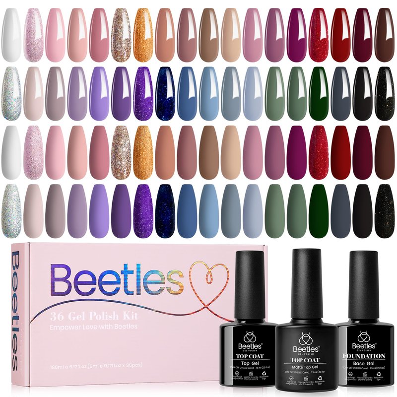 beetles Gel Polish Kit 20 Pcs Free Spirit Collection Burgundy Red Glitte Blue Gray Purple Gel Nail Polish Soak Off Glossy & Matte Top Base Coat DIY Manicure Gifts for Women