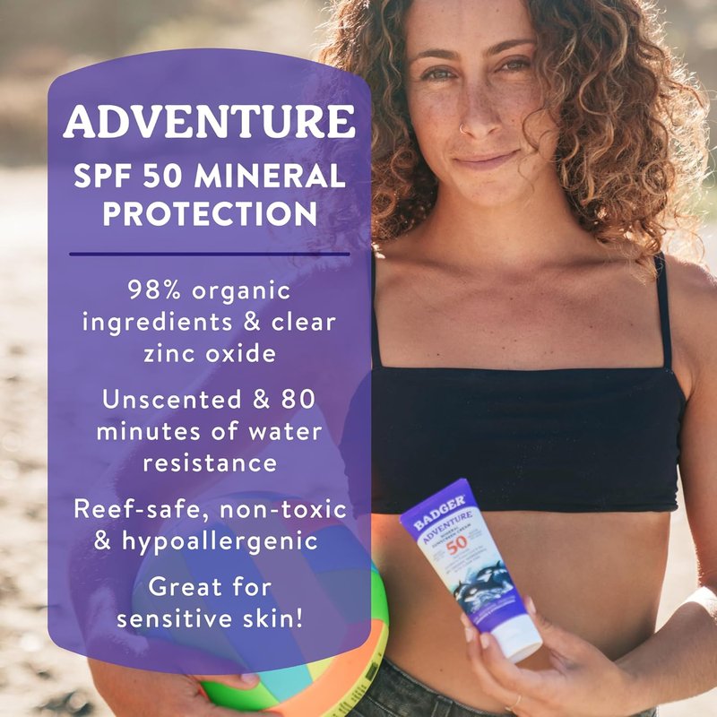 Badger Reef Safe Mineral Sunscreen - SPF 50, 98% Organic, Water Resistant, Unscented, 2.9 fl oz