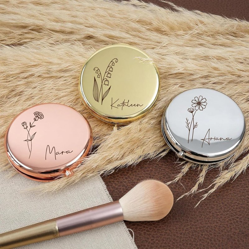 Personalized Travel Mirror - Birth Flower & Name | 2x/1x Magnifying Small Cosmetic Gift for Bridesmaids, Mothers, Graduates