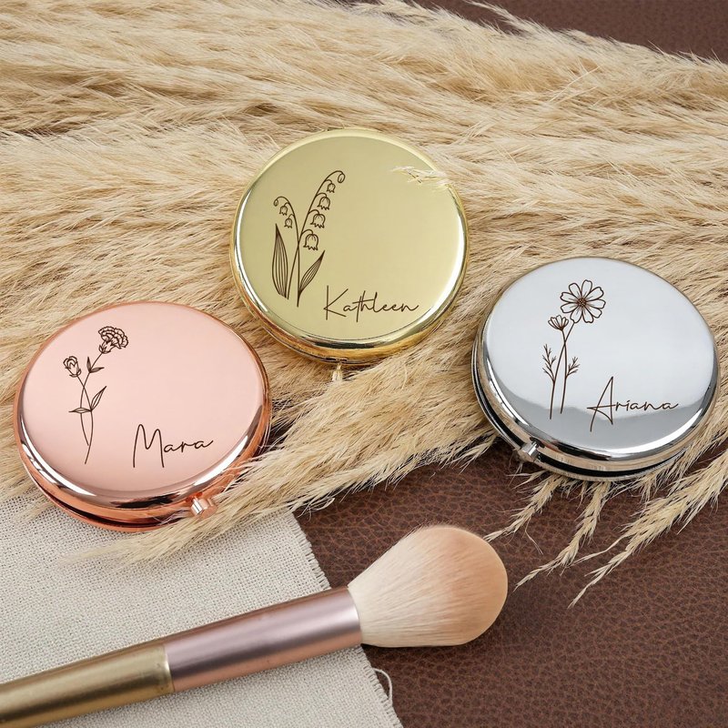 KeenlyMade Personalized Compact Travel Mirror with Birth Flower and Name, 2x/1x Magnifying Portable Mirror, Small Cosmetic Makeup Mirror Gift for Bridesmaid, Mother, Graduation, Nurse