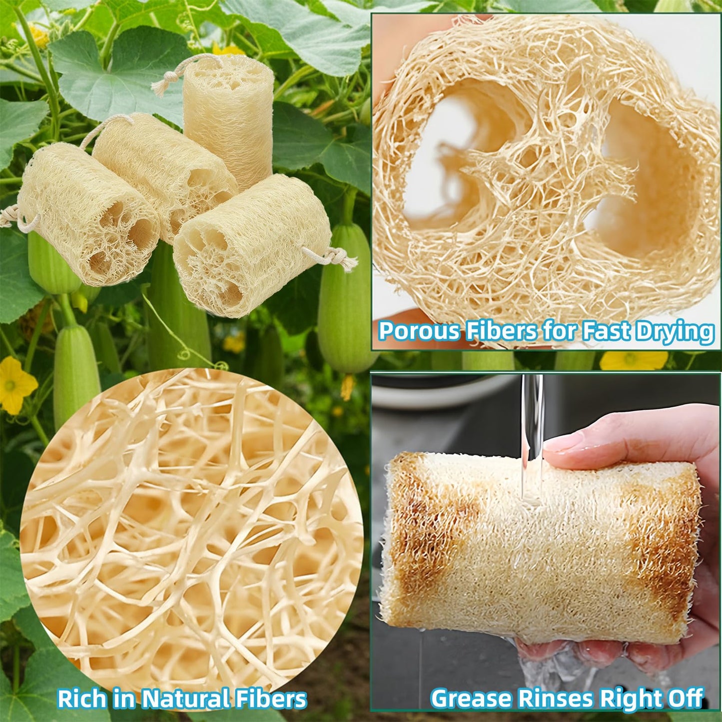 Natural Loofah Exfoliating Body Sponge Scrubber, Plant-Based Organic Loofa Luffa for Men & Women Skin Care Bath Shower Cleaning Back & Fac, Natural Sponges for Dishes (4", 4Pack)