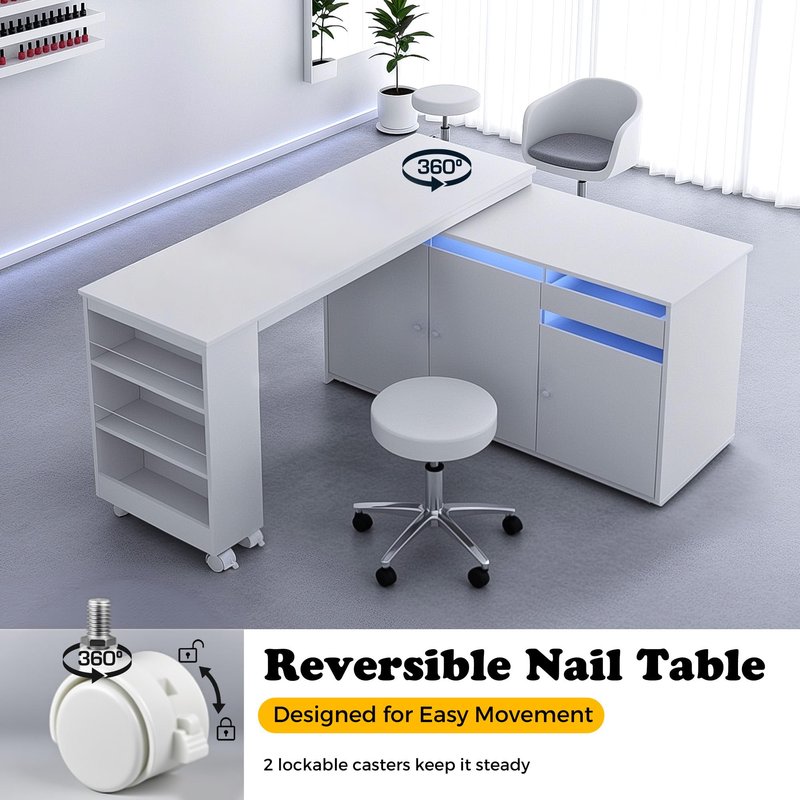 HolaiNail L-Shaped Manicure Table with Storage Cabinet, Drawer & Shelf, Rotating & Convertible Nail Tech Desk, Modern Nail Salon Table with LED Light, White