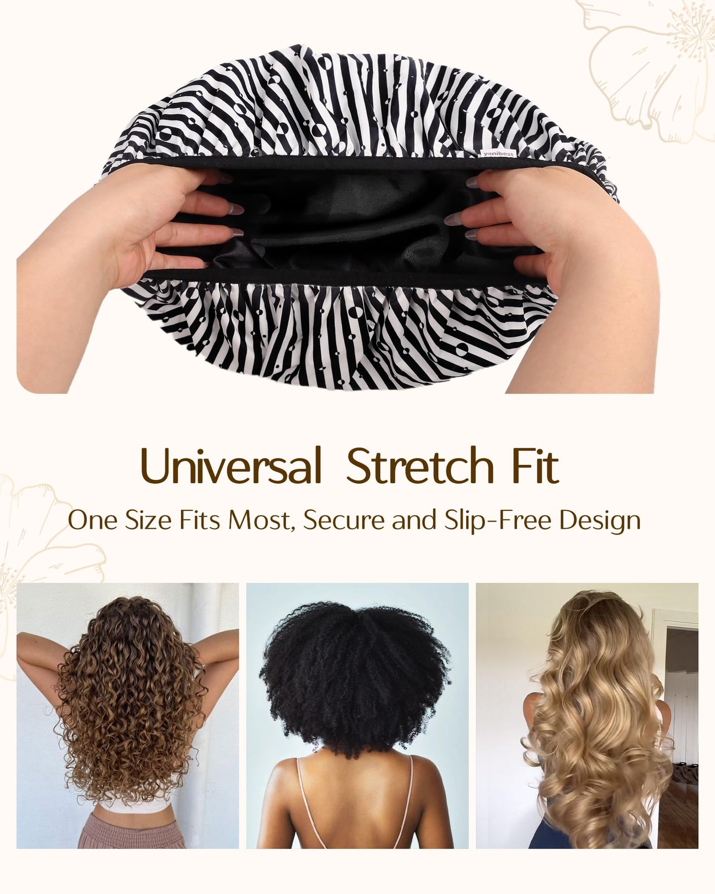 Yanibest Shower Cap for Women - Frizz Free Satin Lined Shower Cap Waterproof Large Double Layer Reusable with Soft Elastic Band for Braids Long Hair