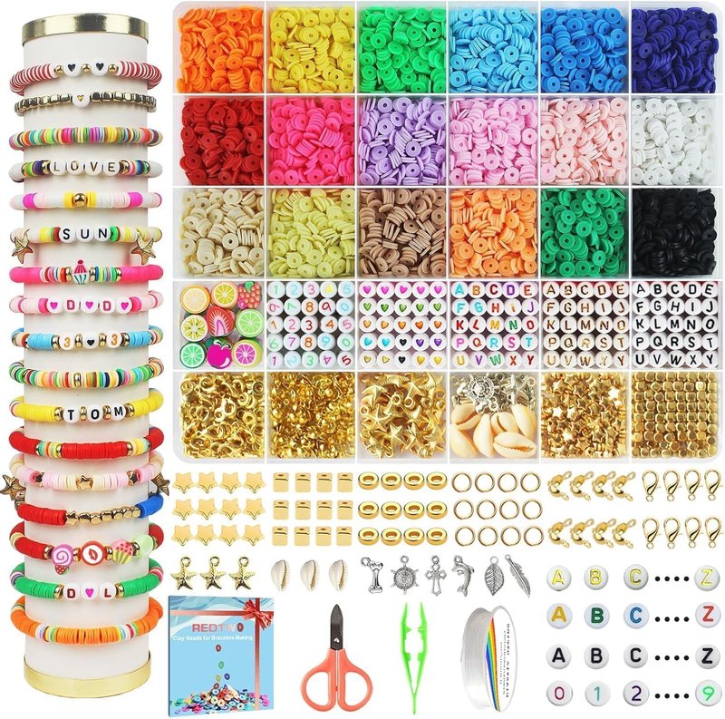 Redtwo 5100 Clay Beads Bracelet Making Kit - Flat Preppy Polymer Heishi Beads with Charms for Friendship Jewelry | Perfect Craft Gift for Girls Ages 8-12