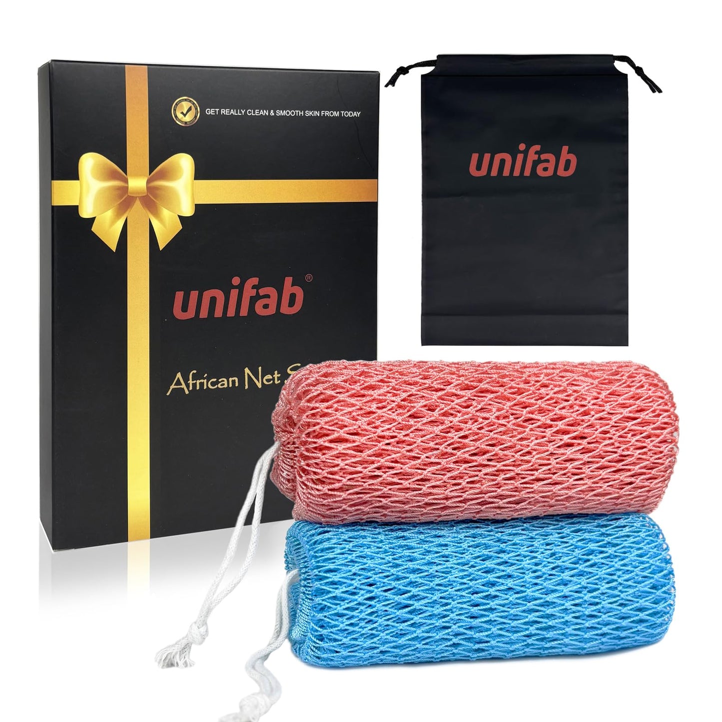 Unifab Authentic African Net Sponge with Knots, 2 Pieces African Exfoliating Net Real Sapo Sponge, Afro Scrub Wash Cloth Body Scrubber for Bath & Shower (Pink & Blue)