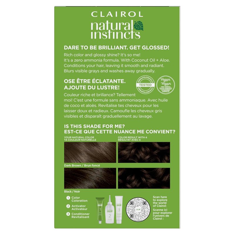 Clairol Natural Instincts Demi-Permanent Hair Dye - 4 Dark Brown | Ammonia-Free, Vegan Formula with Coconut Oil & Aloe Vera | Set of 3