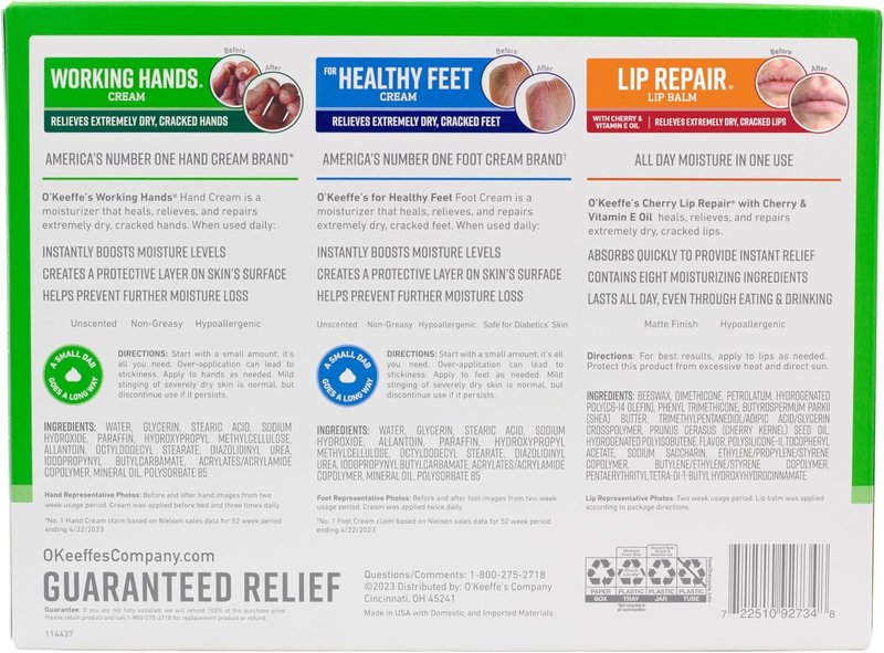 O'Keeffe's Gift Box - Lip Repair with Cherry & Vitamin E, Working Hands & Healthy Feet Jars | Perfect Gift for Moms & Caretakers