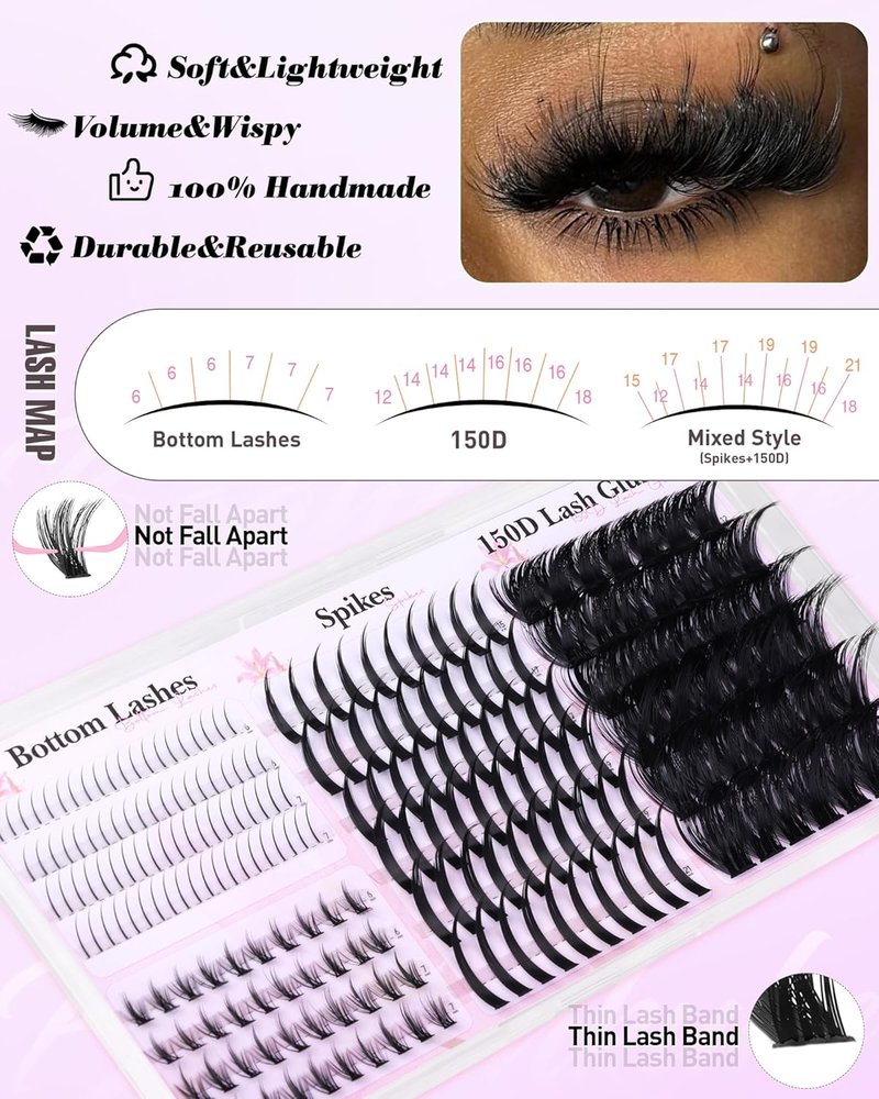 Boahankuke Eyelash Clusters - D Curl Wispy Volume Extensions | 150D Fluffy 222PCS Set