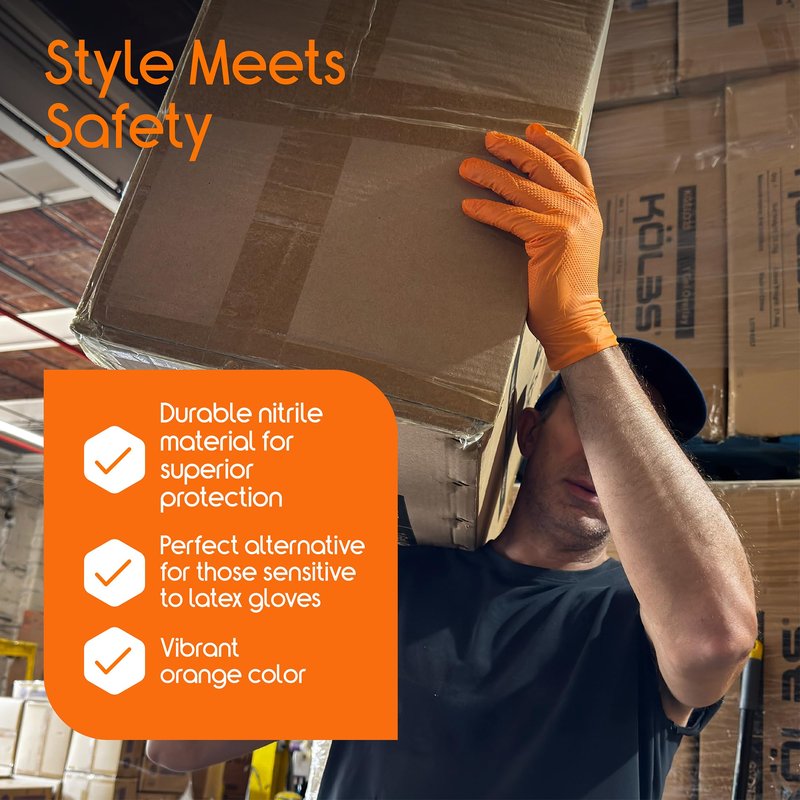 Inspire Heavy Duty Orange Nitrile Gloves Disposable Latex Free | ULTRA 8 Mil Diamond Textured Grip Disposable Cleaning Gloves | Industrial Mechanic Food Large, 100 Count