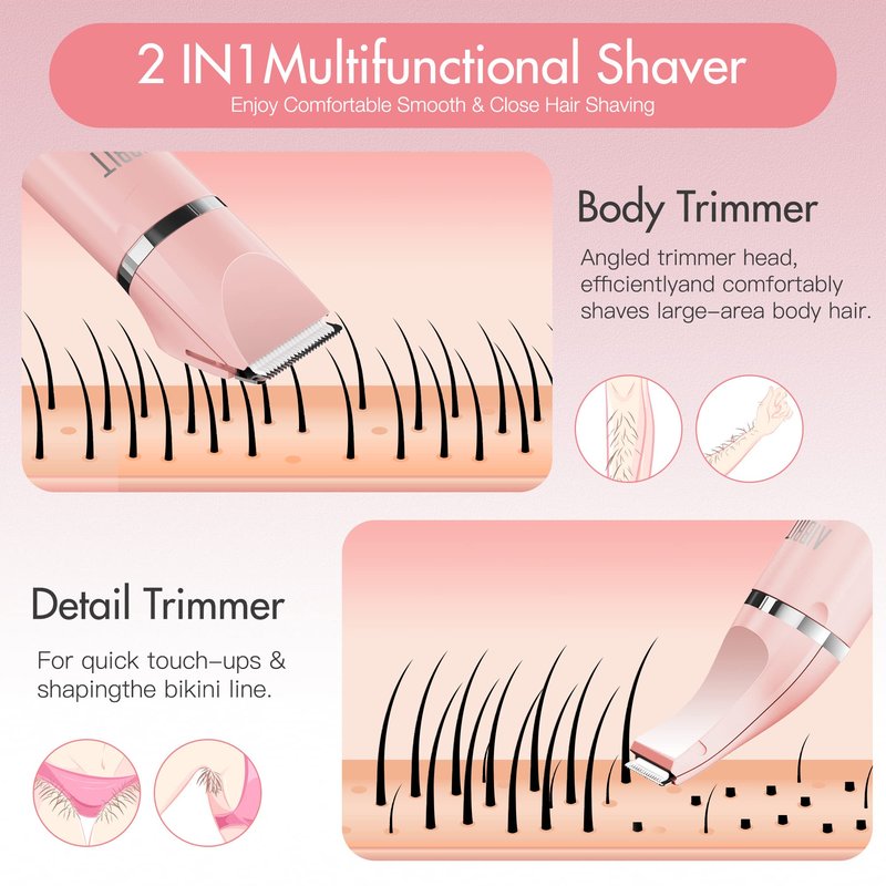AIBRIT PRO Electric Bikini Trimmer for Women - 2 in 1 Electric Lady Clipper Pubic Hair Groomer Painless Hair Removal Razor Body Shaver, Portable Ladies Shaver with 2 Trimmer Heads, IPX7 Waterproof