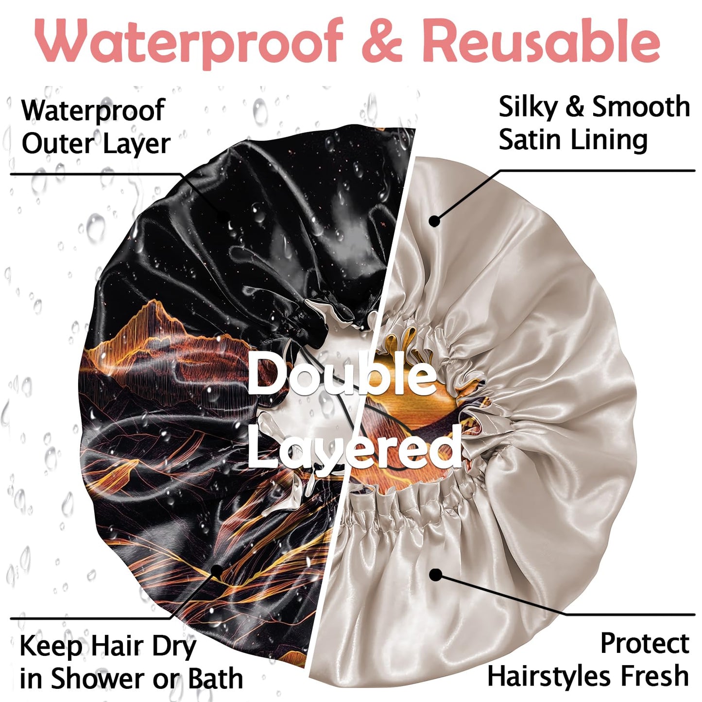 Cabreche Luxury Shower Cap Satin Silk Lined Adjustable Elastic Reusable Waterproof Shower Bath Cap Cute for Women Girls-Sunset
