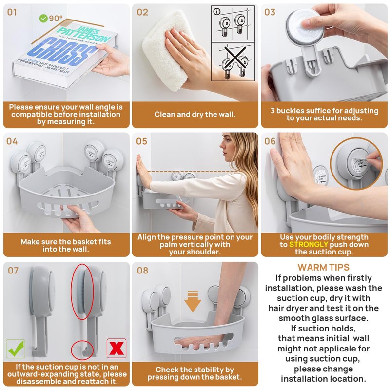 LEVERLOC Corner Shower Caddy Suction Cup, shower shelves suction cup, 2 Pack Basket Powerful Bathroom, Waterproof & Oil-proof Organizer for Kitchen, No-Drilling Removable