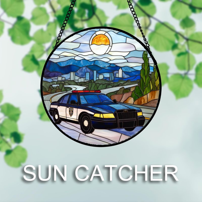 QZQCBLC Stained Glass Window Hanging Blue White Sunset Police Car 6.3" - Suncatcher Door Garden Sun Catcher Home Decor Birthday Christmas for Mom Men Woman Wife Friend Nana