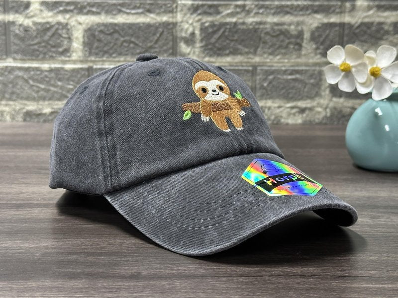 Horpe Sloth Gifts for Boys and Girls, Kid Animal Hat for Jungle Forest Lover, Embroidered Washed Black Baseball Cap for Child