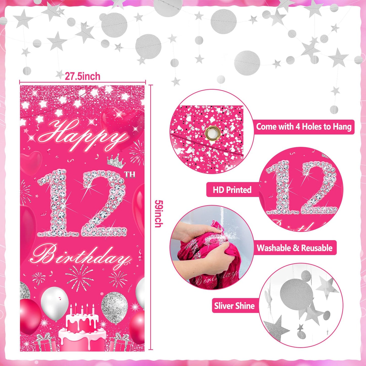 TSVATE 12th Birthday Decorations for Girls, Daughter, Pink 12 Year Old Girl Birthday Decorations, Happy 12th Birthday Banner, Backdrop, Yard, Door, Wall, Number 12 Balloon, Pompoms, Star Garland