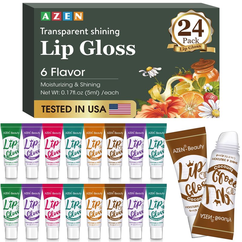 AZEN 24 Pack Lip Gloss Set, Clear Lip Gloss Bulk, Lip Oil for Dry Cracked Lips Moisturizing Hydrating Nourishing with Vitamin E, Mothers Day Gifts for Women