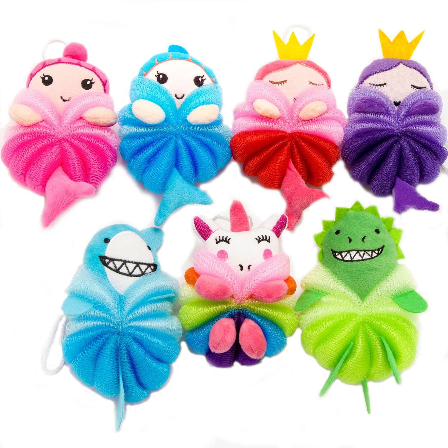 MURRI&MURRDI 3 Pack Kids Cartoon Bath Sponges - Cute Animal Shower Poufs for Toddlers, Gentle Exfoliating Body Scrubber & Mesh Loofah Gift Set for Boys Girls