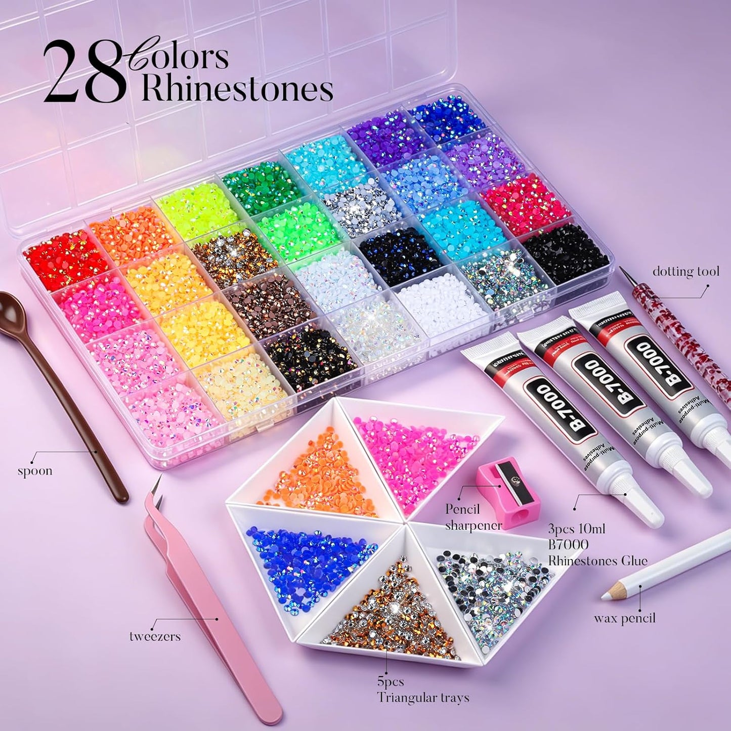Teenitor Bedazzling Kit - 28 Colors Rhinestones with 30000 Pcs Flatback Gems & 3 Pcs B7000 Glue for Nail Art & Crafts