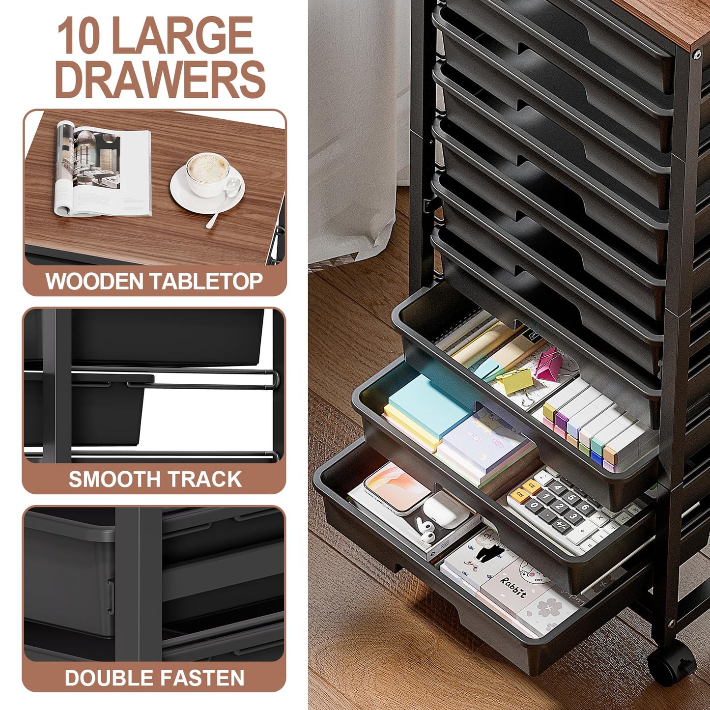SYKIARIOL Rolling Cart with Drawers,10 Drawer Rolling Cart,Storage Cart,Utility Cart,Teacher Cart for Classroom Storage,Craft Cart with Wheels and Wooden Tabletop,Black