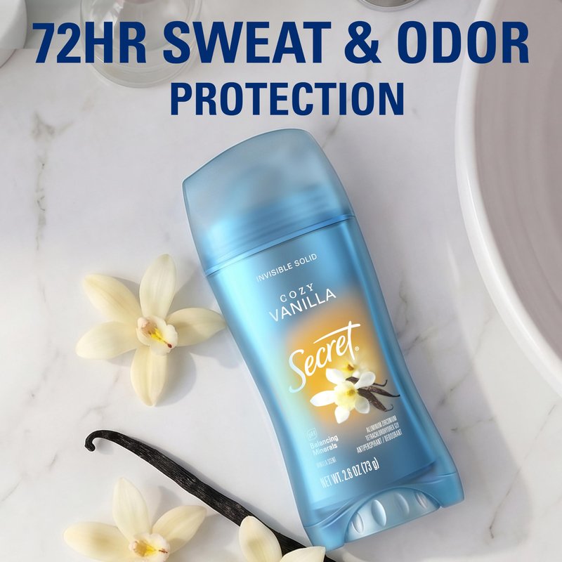 Secret Fresh Antiperspirant Deodorant for Women, 72hr Breathable Sweat & Odor Protection, Instant Freshness & Gentle, PH Balancing Minerals, Invisible Solid, Cozy Vanilla Scent, 2.6 oz (Pack of 3)
