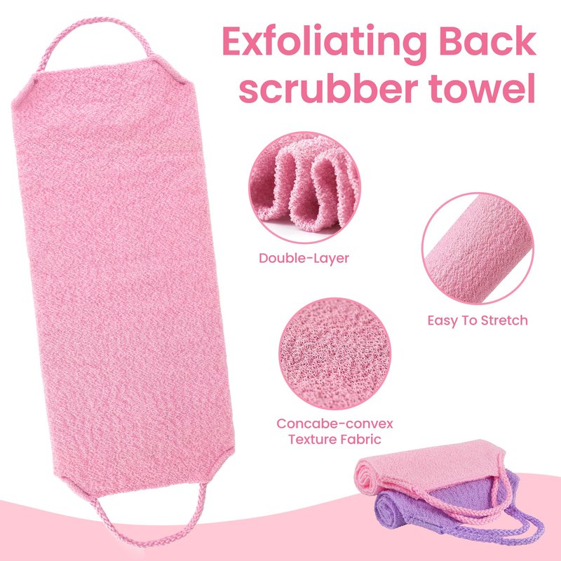 3 Pcs Double-Sided Back Exfoliator Body Scrub Towel, Exfoliating Back Scrubber with Handles,Exfoliating Washcloth Bath Tool in Shower, Stretchable Back Washer to Deep Cleans Skin (Pink)