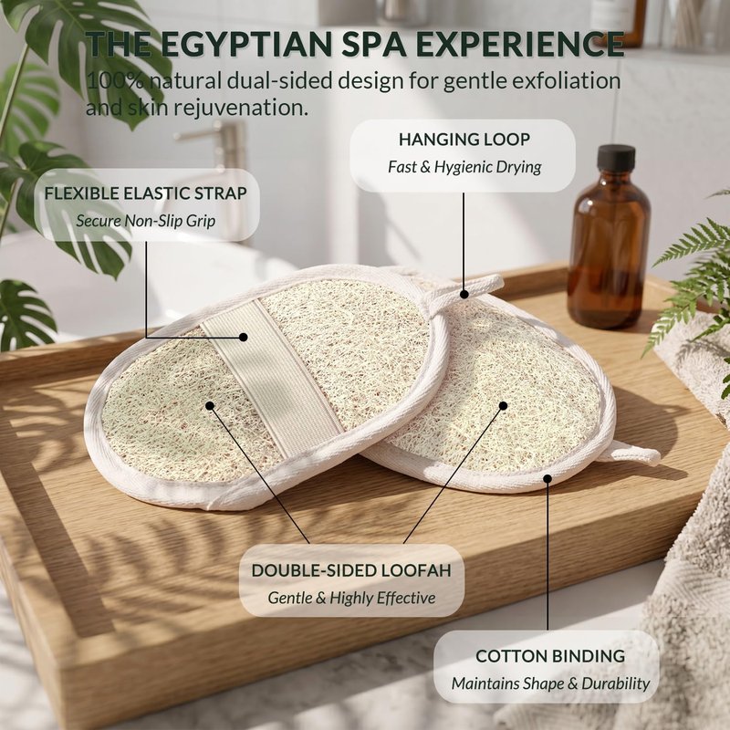 Natural Egyptian Loofah | Exfoliating Body Scrubber - Eco-Friendly Double-Sided Bath Sponge (2-Pack)