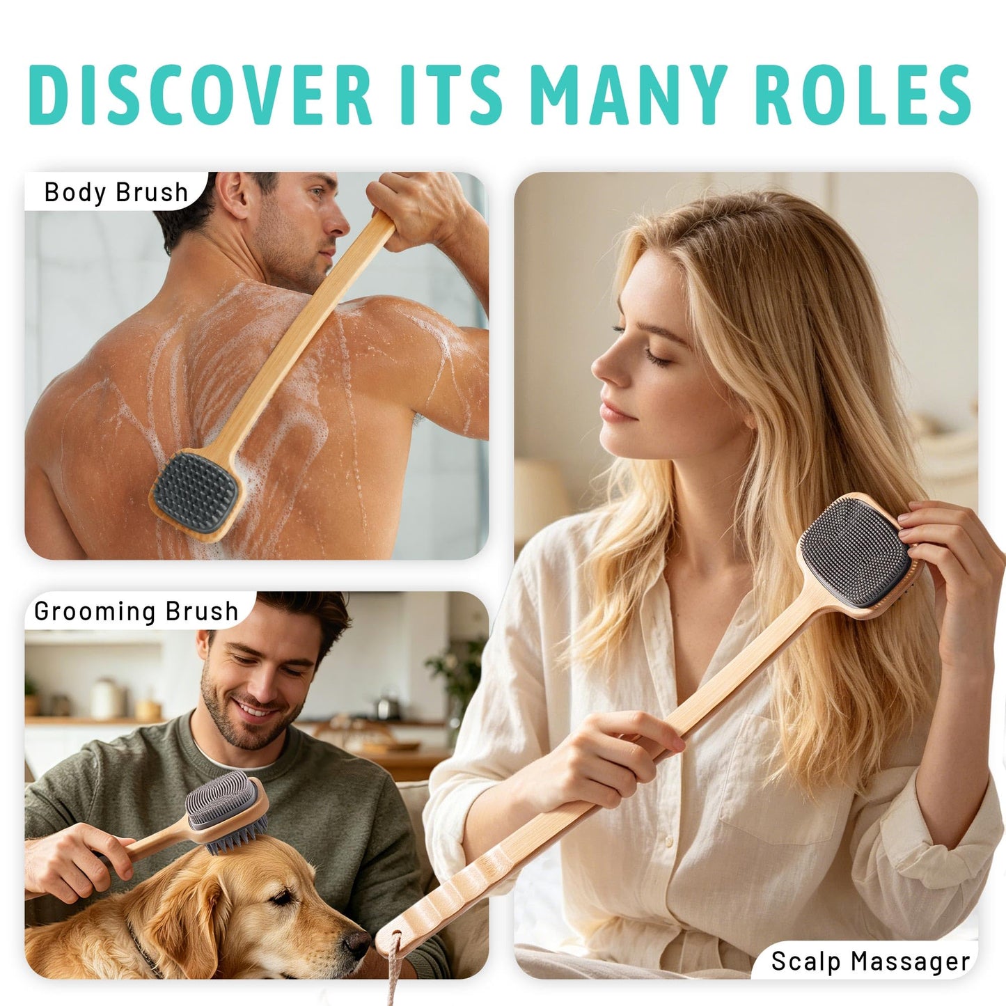 Long Handle Back Scratcher with Dual Sided Silicone Bristles, Bamboo Wood Body Brush with Hanging Loop