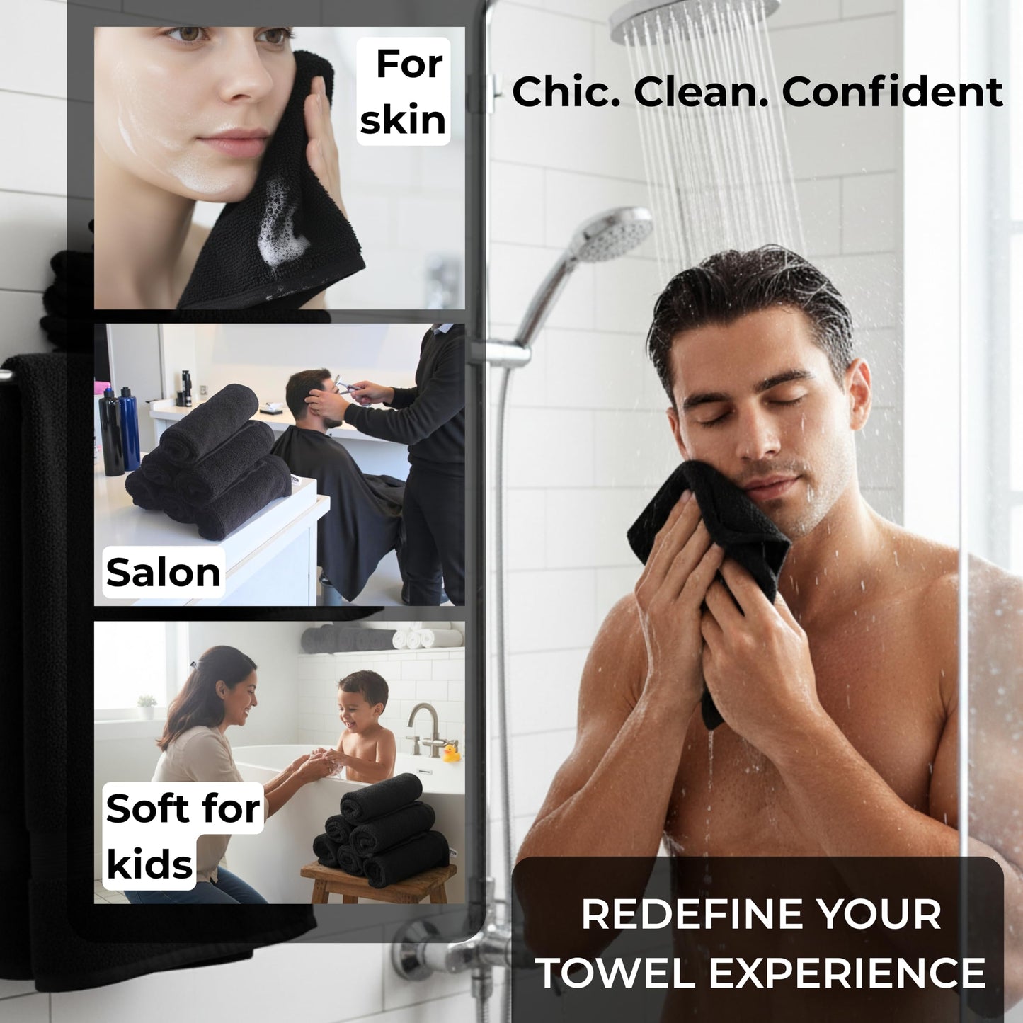 LIVINATI Thick Black 100% Cotton Wash Cloths for Showering Body and Face - 12"X12" 12 Pack Washcloths - Small Terry Towel Bath Rags for Adults and Kids Bathroom - Soft Absorbent