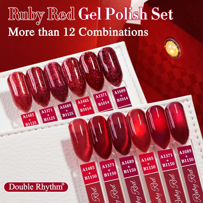 Double Rhythm Gel Polish Set - 6 Pcs 15 ML Soak Off Nail Art Kit | Jelly Burgundy Red & Silver Glitter