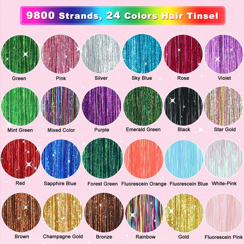 Hair Tinsel Kit - 24 Colors, 9800 Strands, 48 Inch Glitter Hair Extensions | Festive Party Accessories for Women & Girls