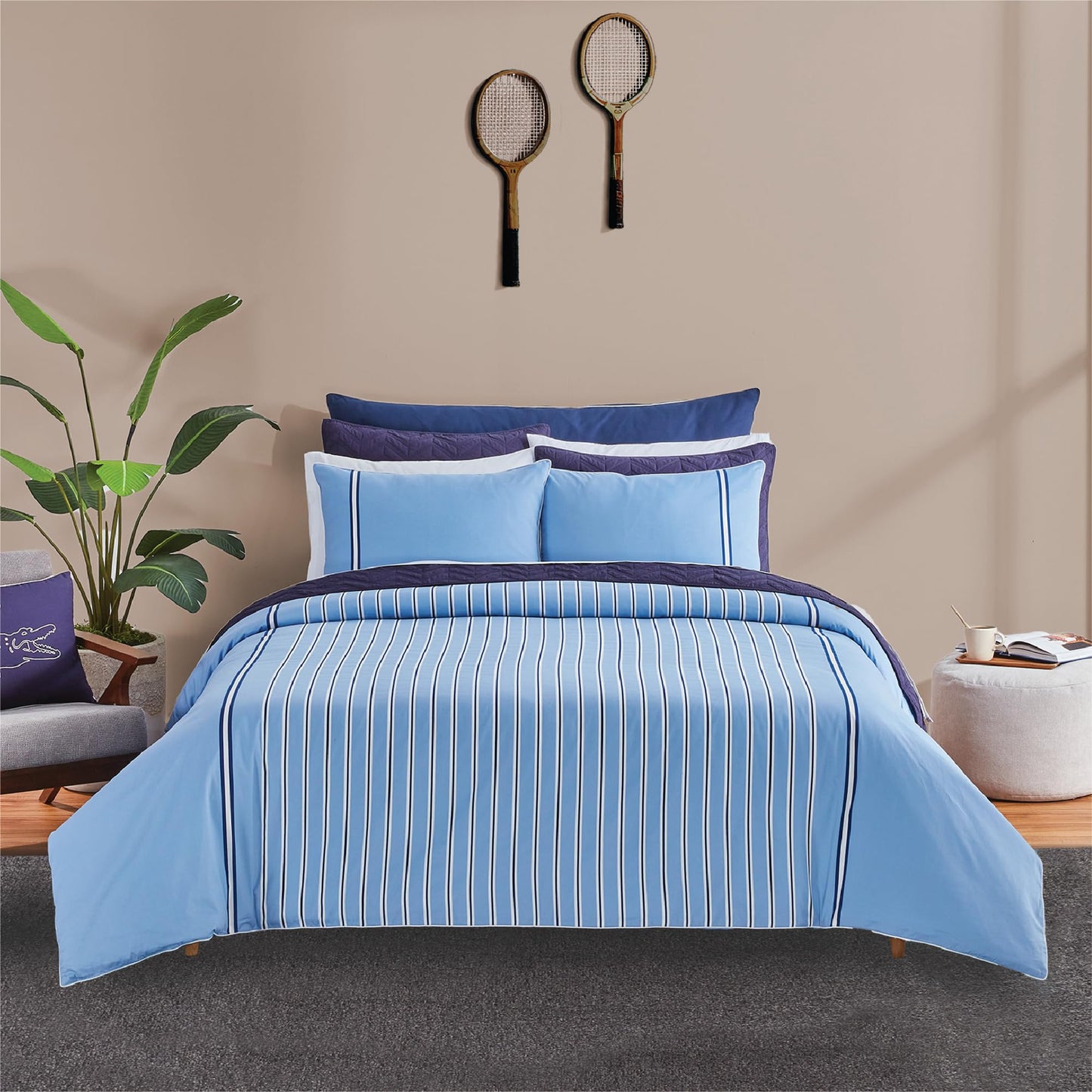 Lacoste Hollis Stripe Comforter Set, 100% Cotton Brushed Twill, Reversible Duvet with Pillow Shams, Soft & Fluffy Hotel-Style Bedding, Blue, Twin