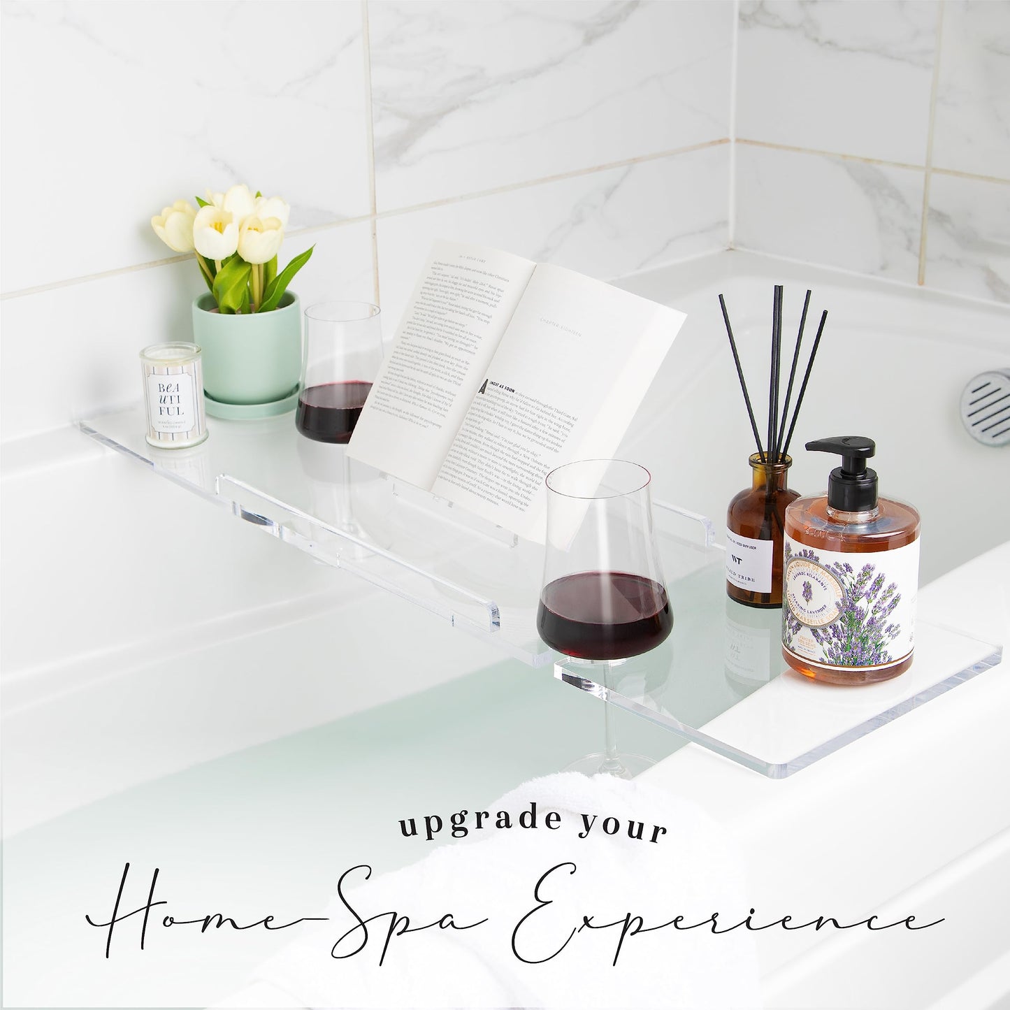 Rebecca Luxurious Bath 34" Supreme Plus- Luxury Bathtub Tray Caddy- 3/8" Thick, Clear Bath Tub Tray Table for 1 or 2 Bathers, Acrylic Bathtub Caddy, iPad and 2 Wine Glass Holders (Supreme Plus, 34")