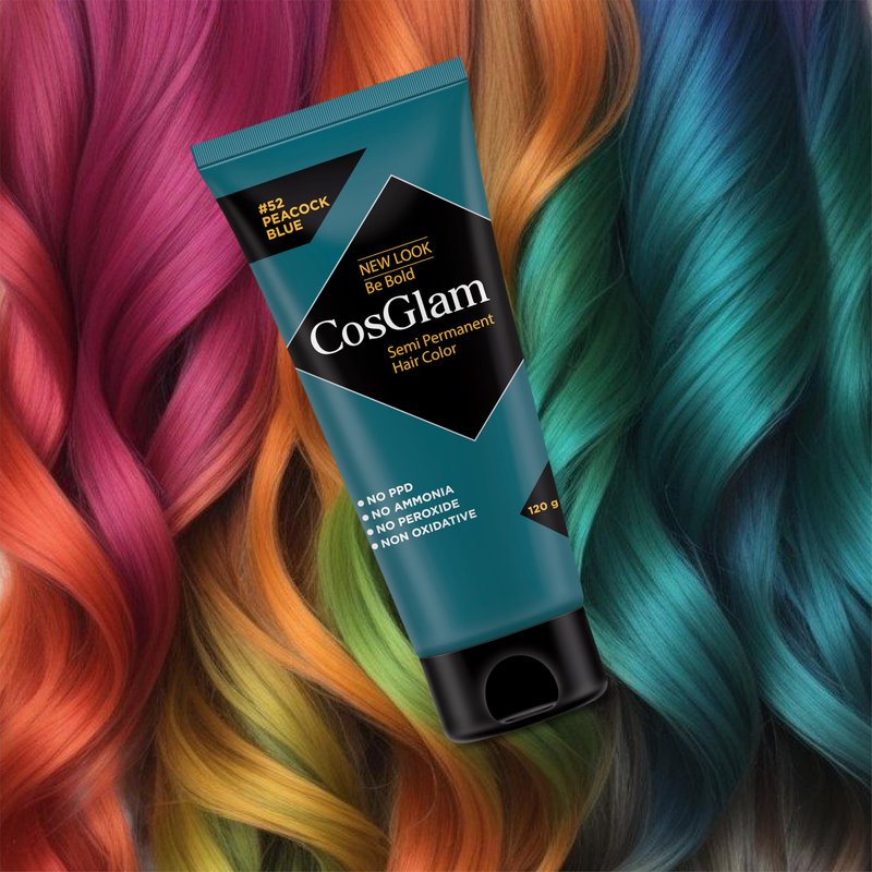 Cosglam Semi Permanent Hair Color for Women & Men, (120g, #52 Peacock Blue) Enriched with Conditioner, Glossy Finish, No Ammonia, No Peroxide & Non Oxidative, Vegan Highlights Colorful Hair Dye