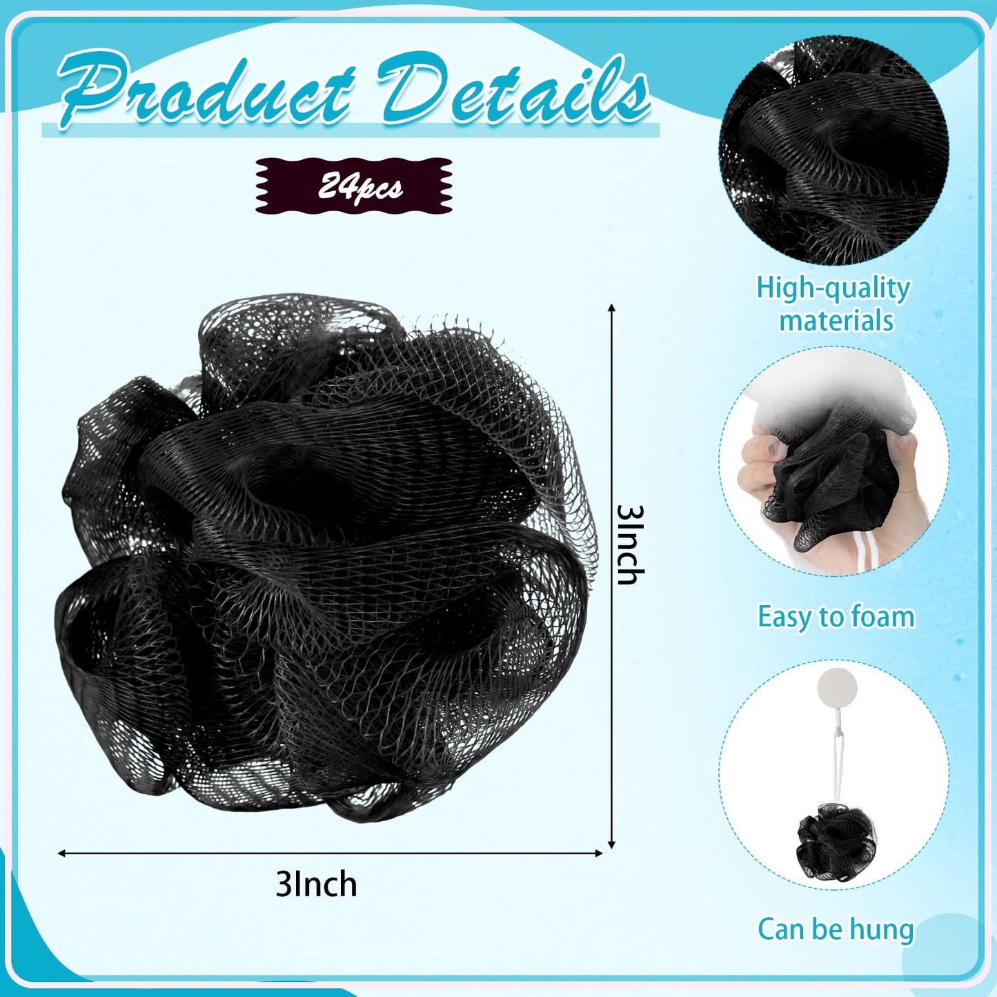 Shellwei 24 Pcs 3 Inch Mini Loofah Travel Size Bulk Shower Sponge Pouf Mesh for Women Kids Men Exfoliating Body Scrubber Baby Shower Favor(Black)