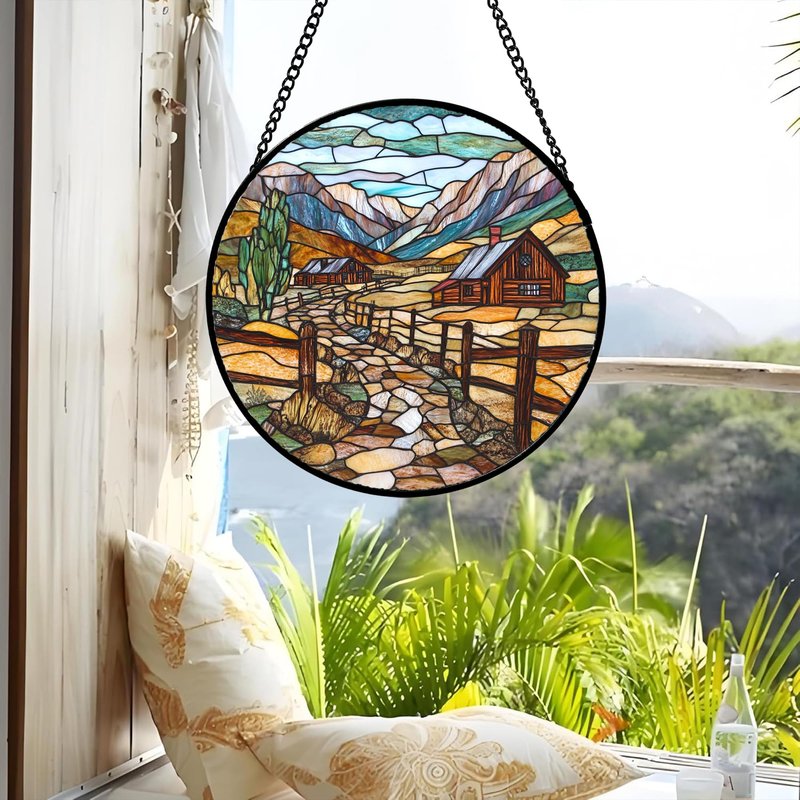 QZQCBLC Stained Glass Window Hanging Mountain Ranch Rural Life 7.8" - Cactus Suncatcher Door Terrace Garden Sun Catcher Home Decor Birthday Christmas for Mom Men Woman Friend