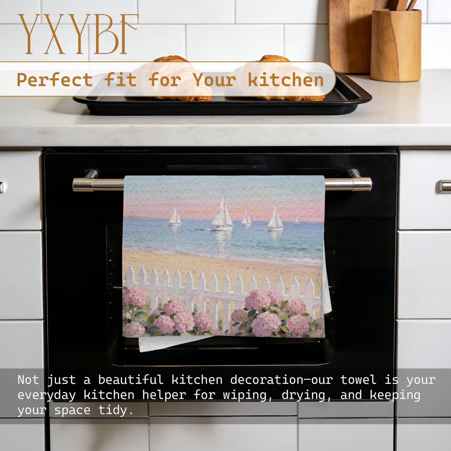 YXYBF Pastel Coastal Nautical Hand Dish Tea Towels for Kitchen Bathroom Beach House Decor 16x24 Inches, Pink Hydrangea Floral Coastal Beach Kitchen Towels Decorative