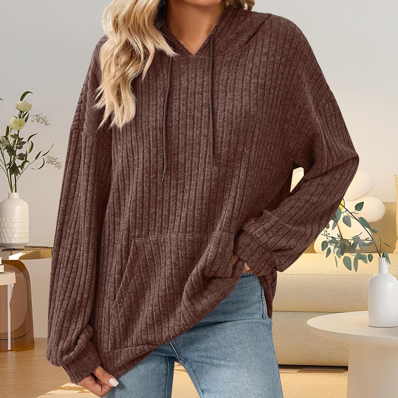 Cobiako Womens Hooded Sweater Drawstring Ribbed Knit Casual Loose Sweaters with Pockets Fall Fashion Pullover Sweatshirt,2-Dark Brown,Size XL