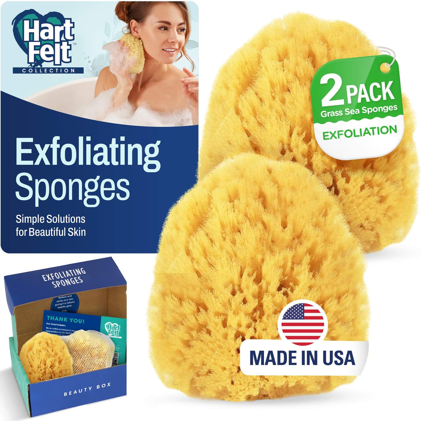 HartFelt Exfoliating Grass Sea Sponge Beauty Box | 2 Bath Sponges for Shower Women & Men 4in | Natural Sponge with Mesh Bag for Cleaning & Drying | Cleanses Skin from Dirt & Excess Oil - Gift Box